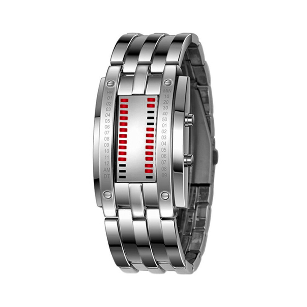 Montre de luxe unisexe pour homme, rouge et argent, avec affichage électronique LED bleu et lumineux,