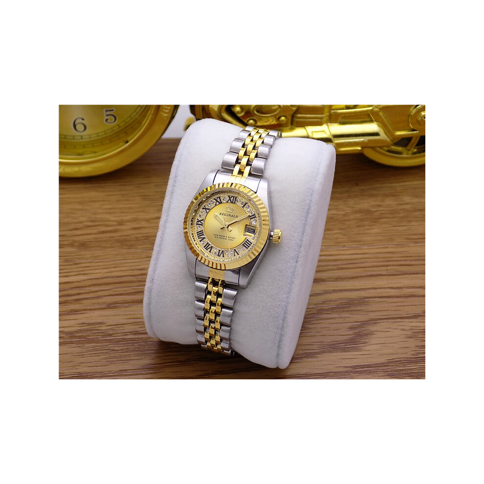 (Cadran doré, taille femme) 2018 REGINALD Marque Date Étanche Cristaux Hommes Montre Acier Montre-Bracelet