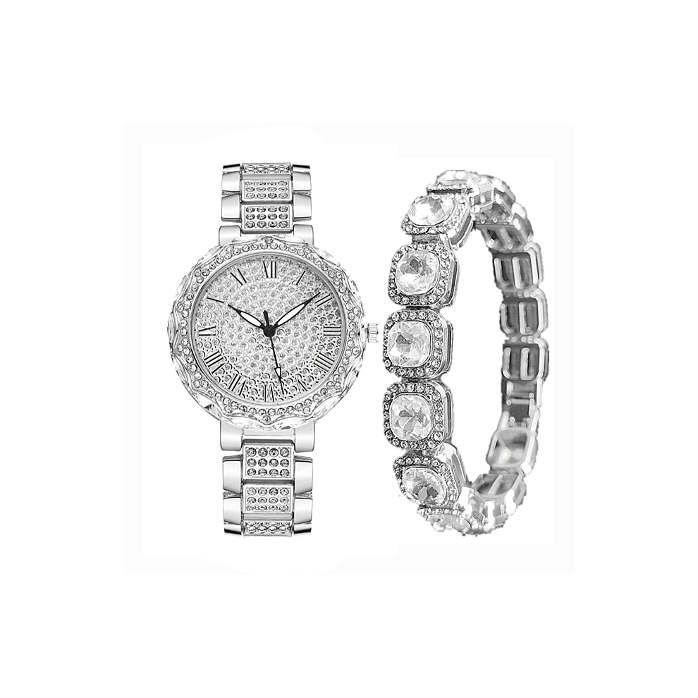 (argent bianzu 2 pièces) Montre diamant glacée pour femme Bling Bling Bracelet chaîne de tennis Hip