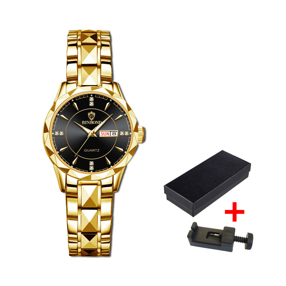 (Femme - or noir) Montre homme de luxe 2023 avec bracelet en acier et grand cadran, étanche, calendrier,