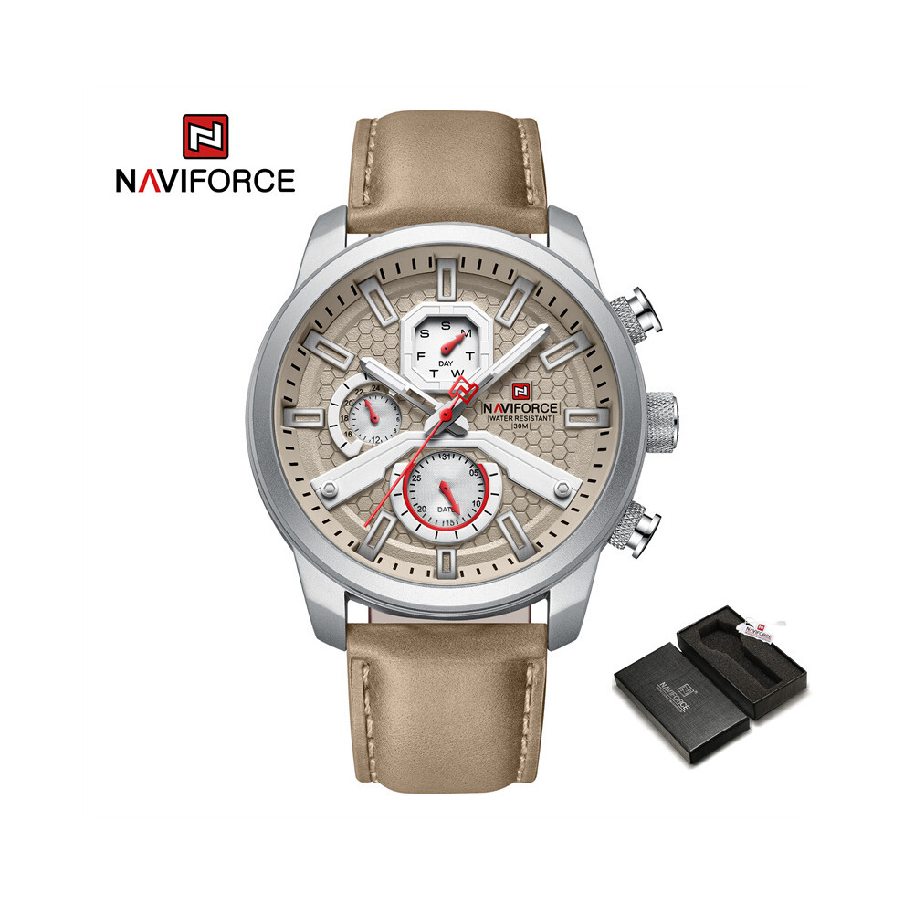 (SGYBN-BOX) 2022 Montres Homme NAVIFORCE Bracelet Cuir Calendrier Montre Quartz Militaire Étanche Sport
