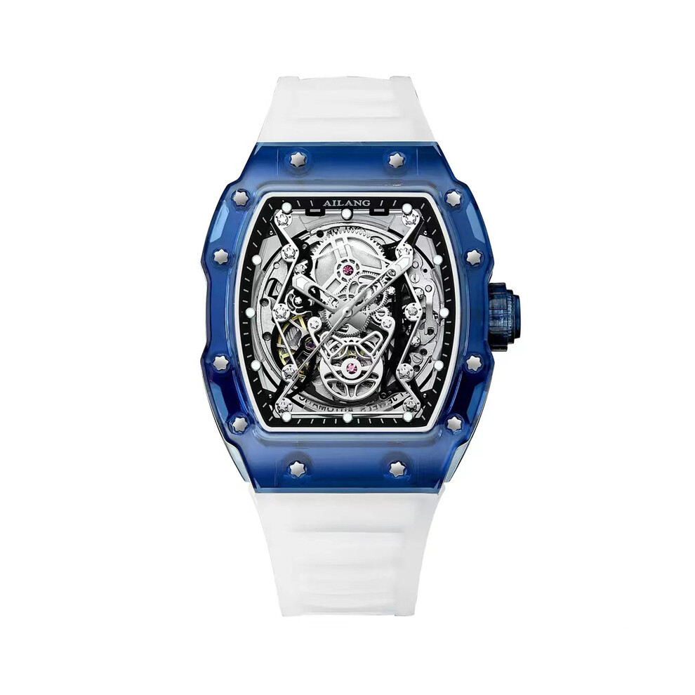 (Blanc Bleu) AILANG Nouvelle Montre Mécanique Tonneau Creuse de Designer Hommes Marque de Luxe Squelette
