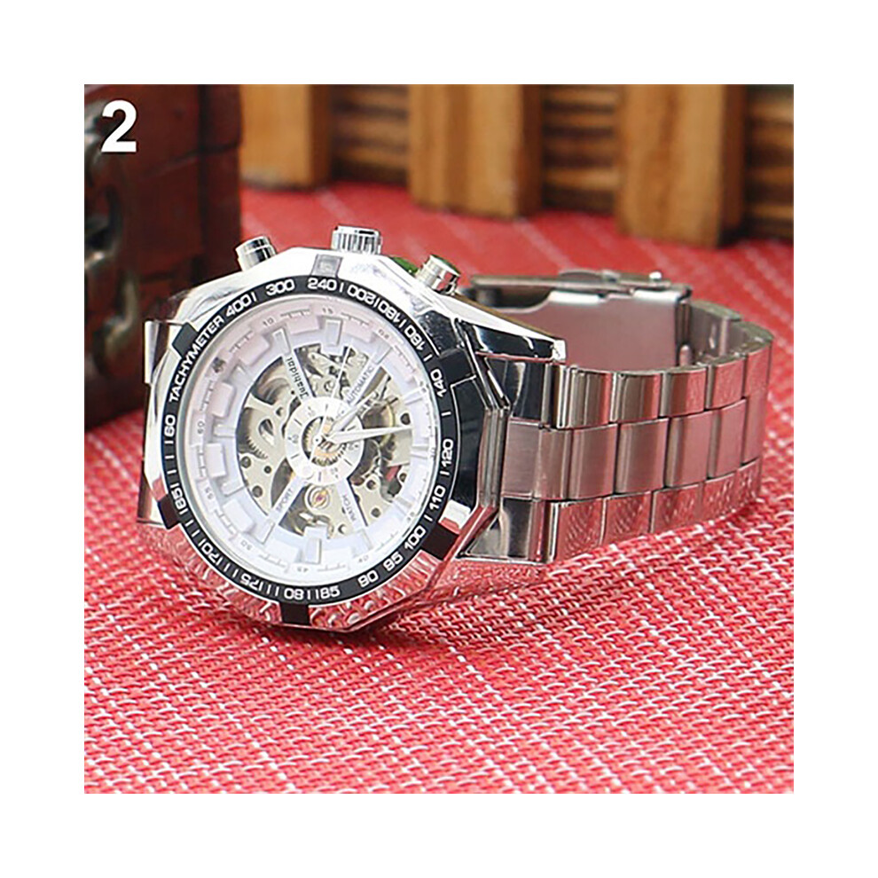Montre-bracelet mécanique automatique à cadran squelette creux pour homme (argent) avec bracelet en