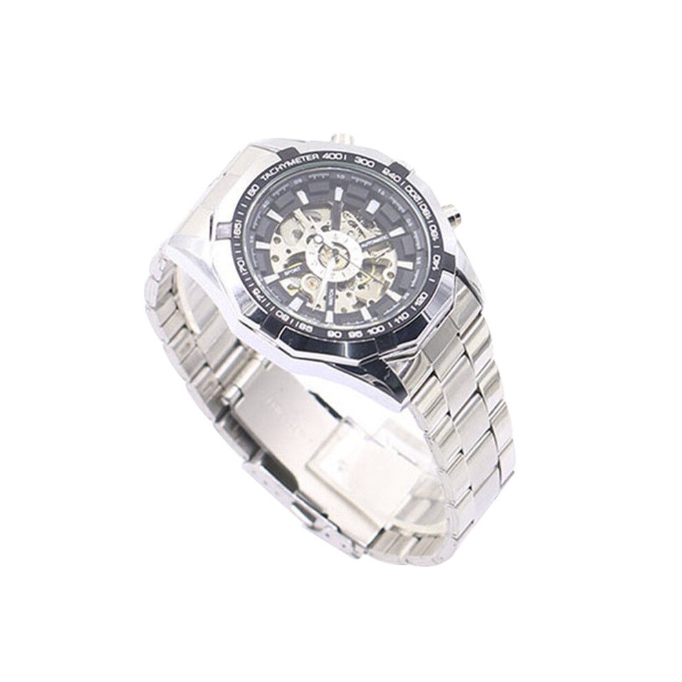 Montre-bracelet mécanique automatique à cadran squelette creux pour homme (noir) avec bracelet en acier