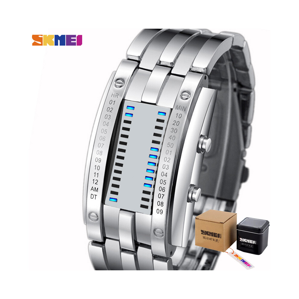 (Argent L avec boîte) SKMEI Montre de sport créative pour hommes avec bracelet en acier inoxydable et