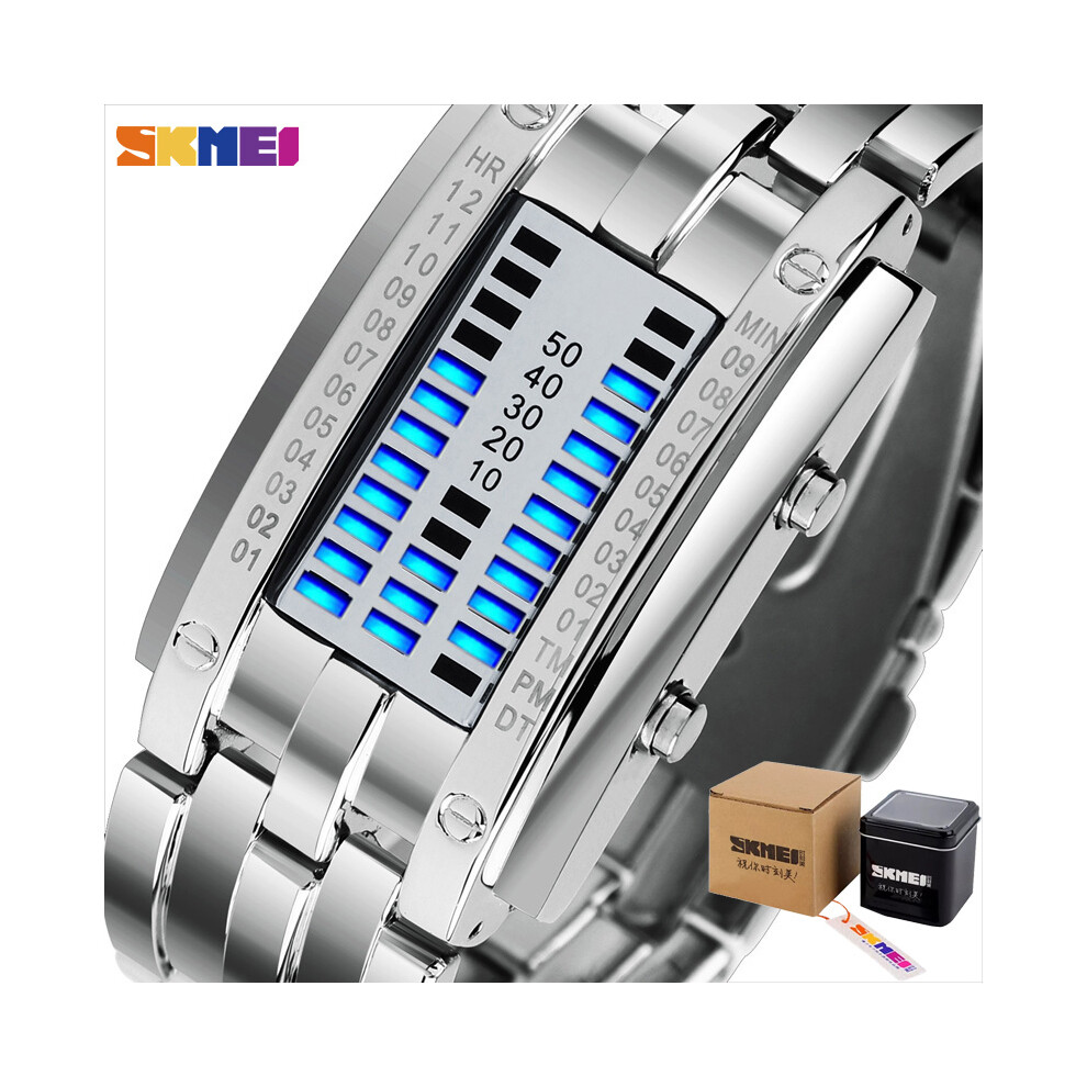 (Silver S avec boîte) SKMEI Montre de sport créative tendance pour hommes, bracelet en acier inoxydable,