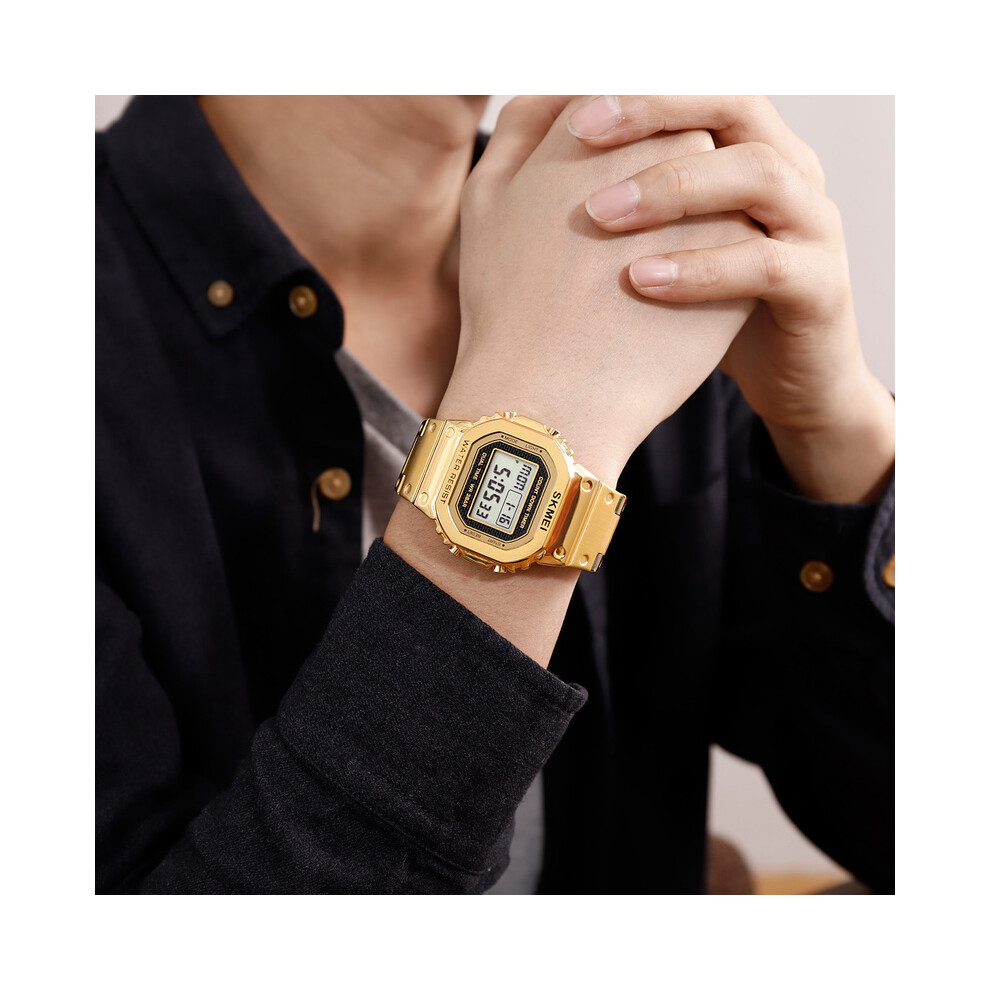 (hommes en or) SKMEI Rétro Petite Montre Numérique Dorée Ceinture En Acier Homme Femme Couple Étanche