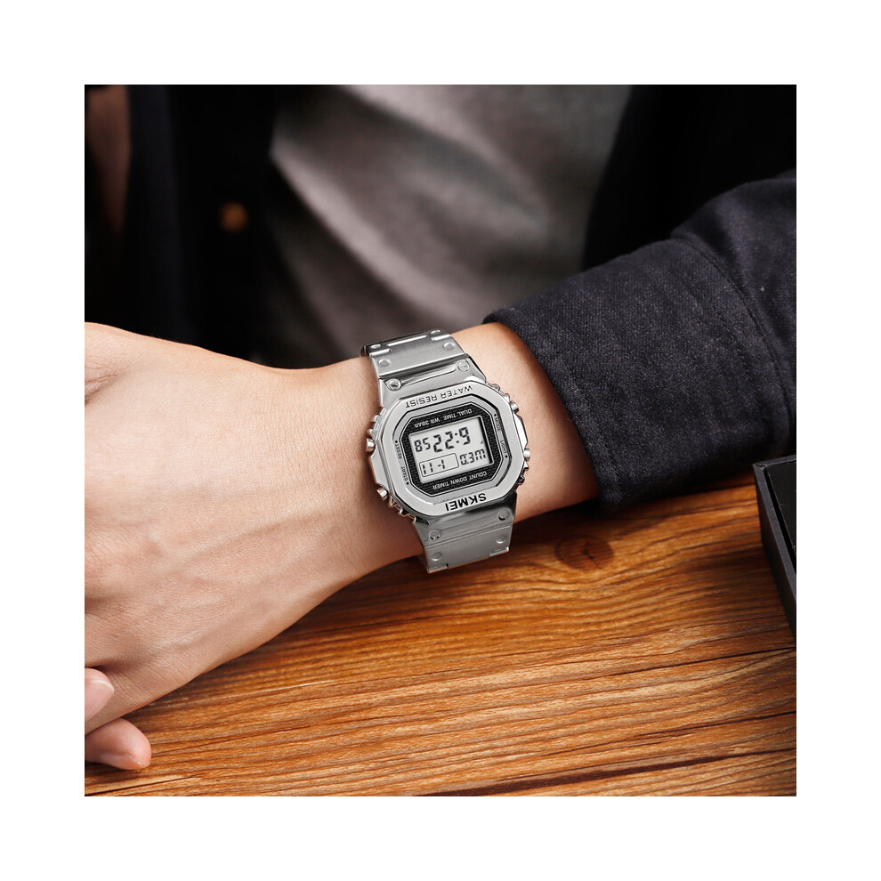 (Hommes argentés) SKMEI Rétro Petite Montre Numérique Dorée Ceinture En Acier Homme Femme Couple Étanche