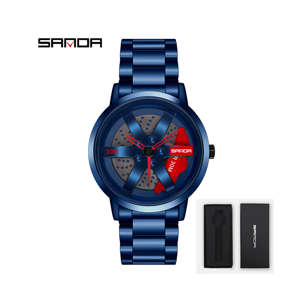 (bleu rouge avec boîte)Regarder SANDA Montre Homme Jante Moyeu Montre Roue Montre-Bracelet Horloge Sport