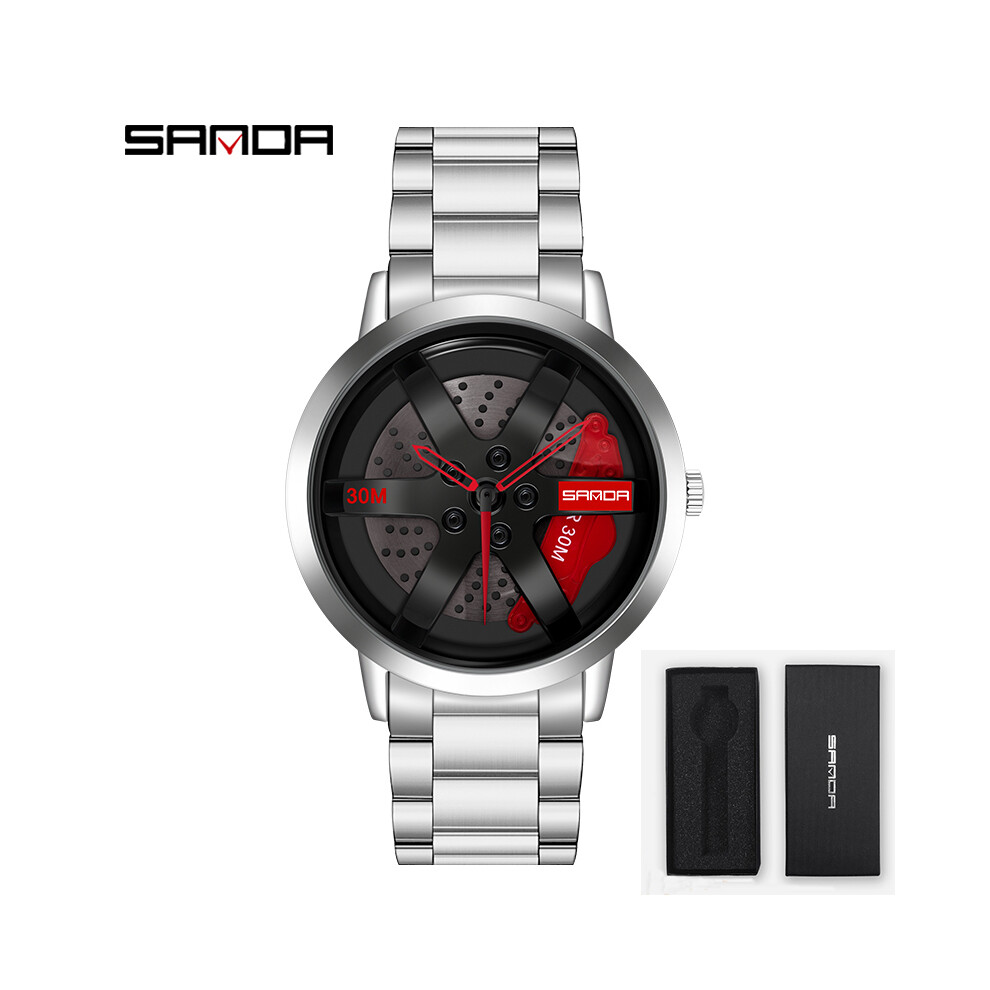 (argent rouge avec boîte)Regarder SANDA Montre Homme Jante Moyeu Montre Roue Montre-Bracelet Horloge