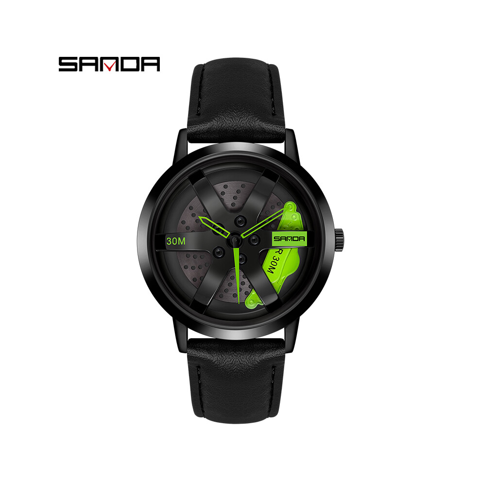 (cuir noir vert)Regarder SANDA Montre Homme Jante Moyeu Montre Roue Montre-Bracelet Horloge Sport Voiture