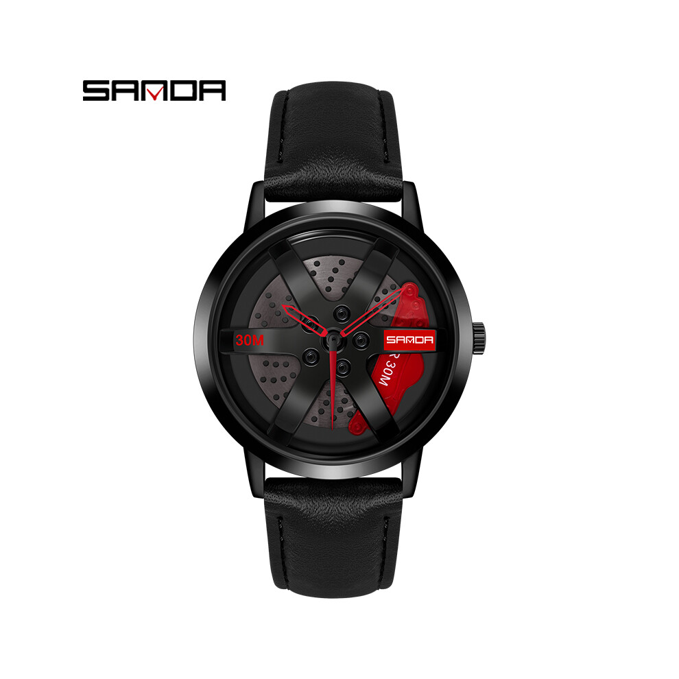 (cuir noir rouge)Regarder SANDA Montre Homme Jante Moyeu Montre Roue Montre-Bracelet Horloge Sport Voiture