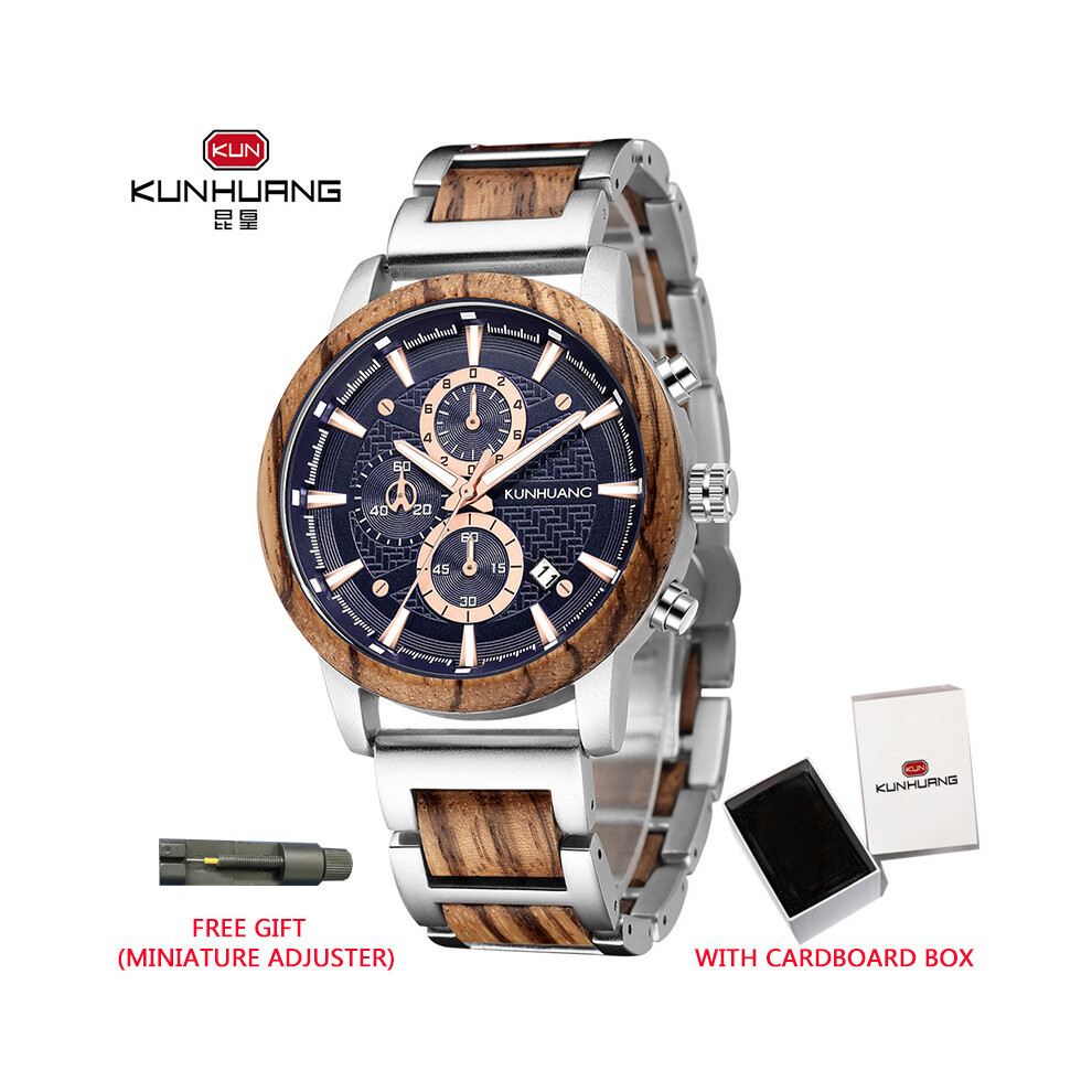 (boîte bleue argentée) Montres en bois KUNHUANG Montre à quartz rétro multifonctionnelle en bois lumineuse