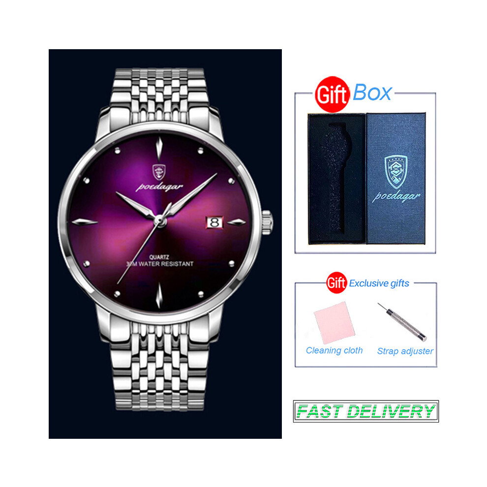 (violet et boîte) POEDAGAR Montres-bracelets à quartz ultra fines pour hommes Montre de sport lumineuse
