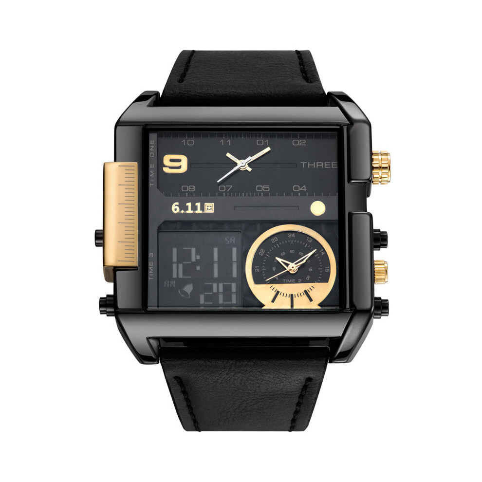 (Only Watch (or)) Montres carrées pour hommes, LED, étanche, plusieurs fuseaux horaires, montres pour
