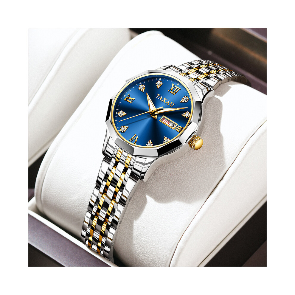 (Femme or bleu) Montre couple de luxe originale TAXAU pour hommes et femmes en acier inoxydable à quartz