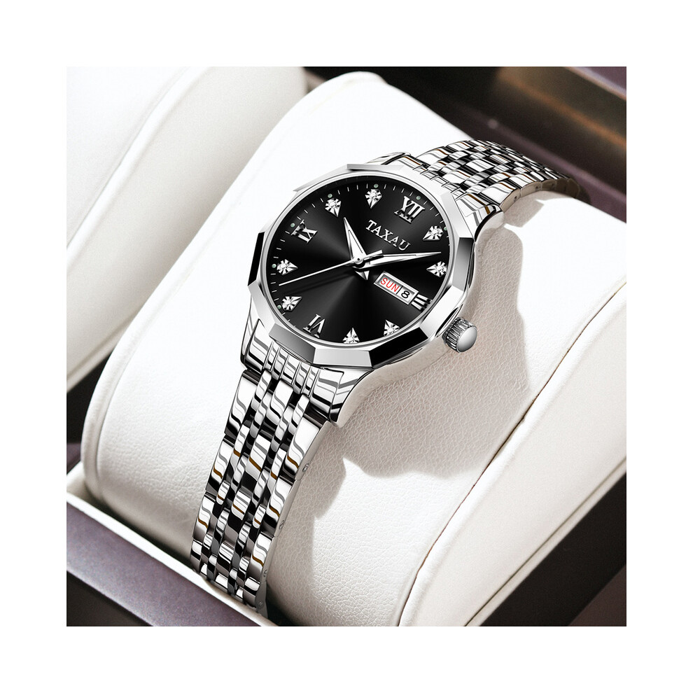 (Femme argent noir) Montre de couple de luxe originale TAXAU pour hommes et femmes en acier inoxydable