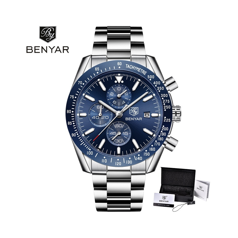 (Bleu acier dans la boîte) BENYAR Montres pour hommes Marque de luxe Bracelet en silicone et acier Montres-bracelets