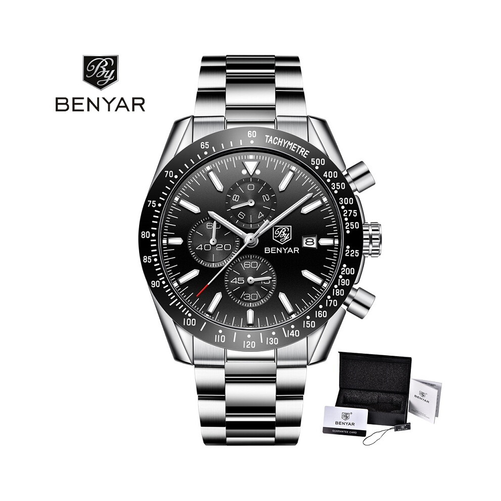 (Acier noir dans la boîte) BENYAR Hommes Montres Marque Luxe Silicone & Acier Bracelet Montres Homme