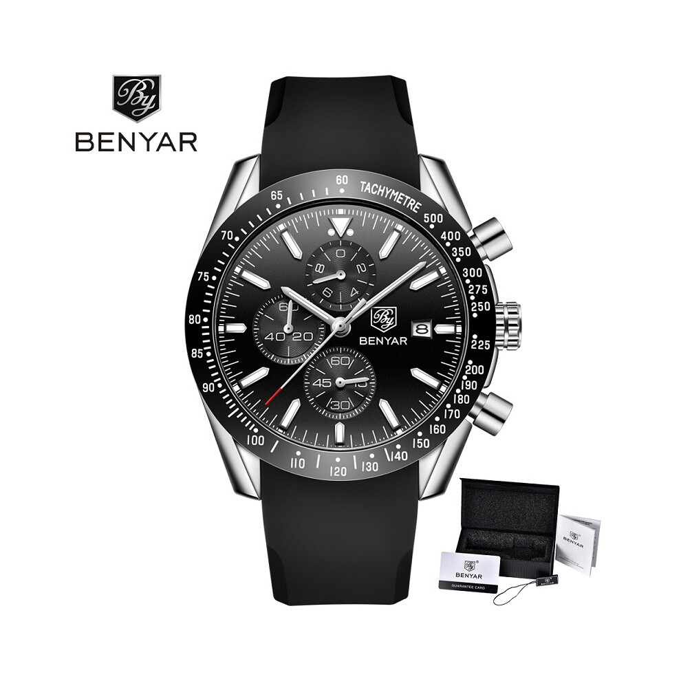 (Argent Noir dans la Boîte) BENYAR Hommes Montres Marque Luxe Silicone & Acier Bracelet Montres Homme