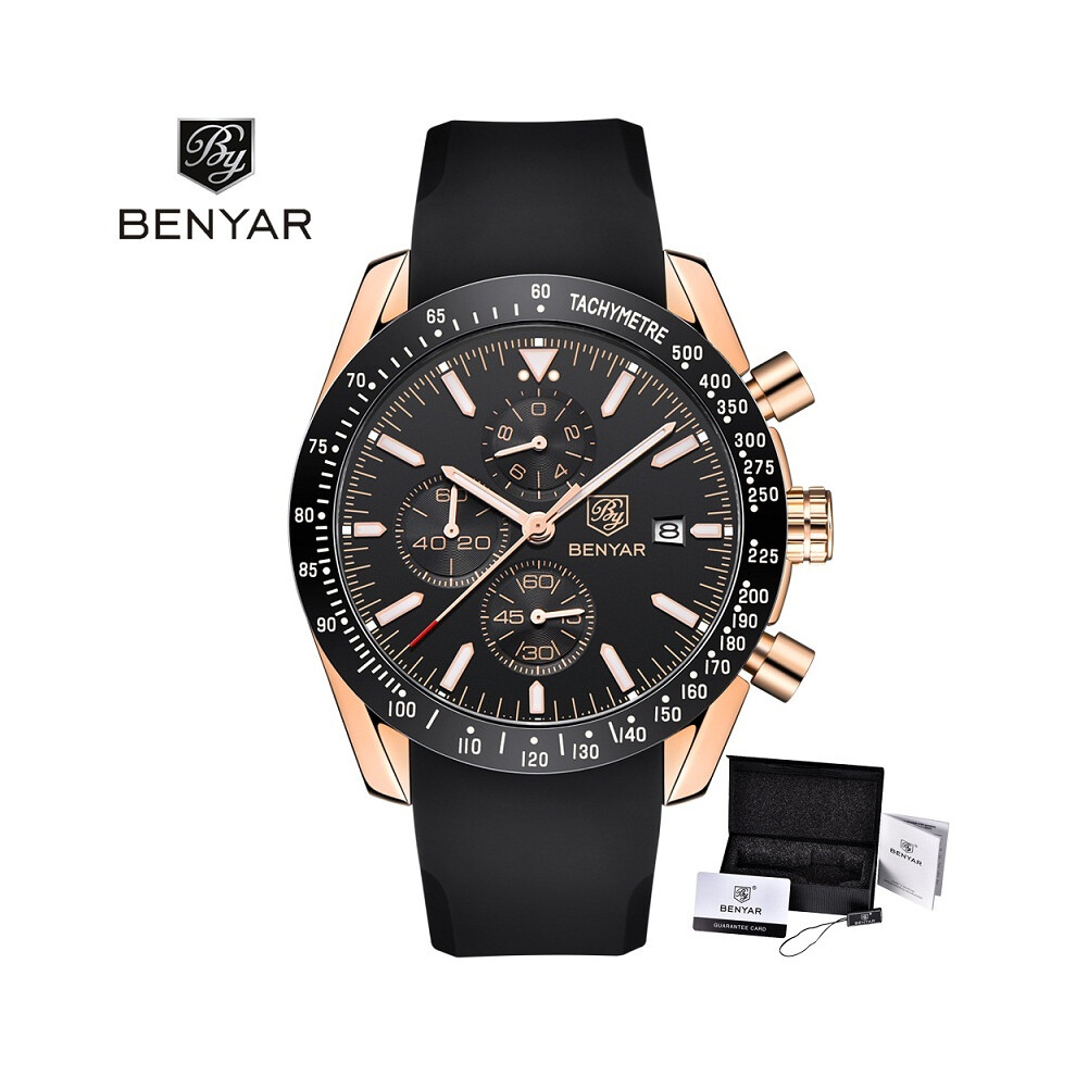 (Or Noir dans la Boîte) BENYAR Hommes Montres Marque Luxe Silicone & Acier Bracelet Montres Homme Cuir