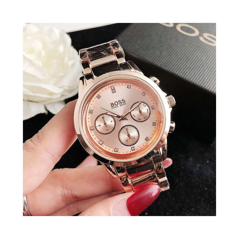 Montre-bracelet créative à trois yeux et six aiguilles pour homme et femme (or rose), à quartz, chic