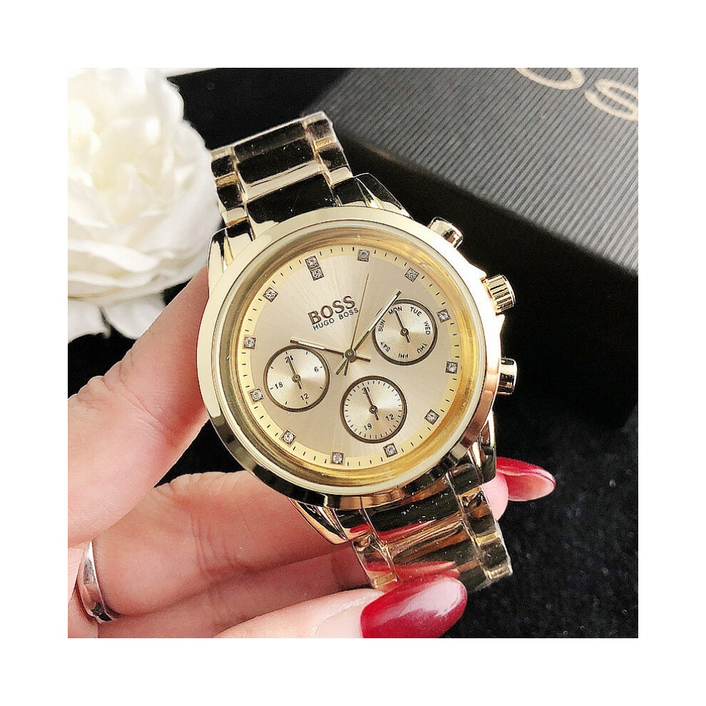 (Or) Montre Homme Trois Yeux Six Aiguilles Créative Montre-Bracelet Femme Horloge Quartz Chic Douce