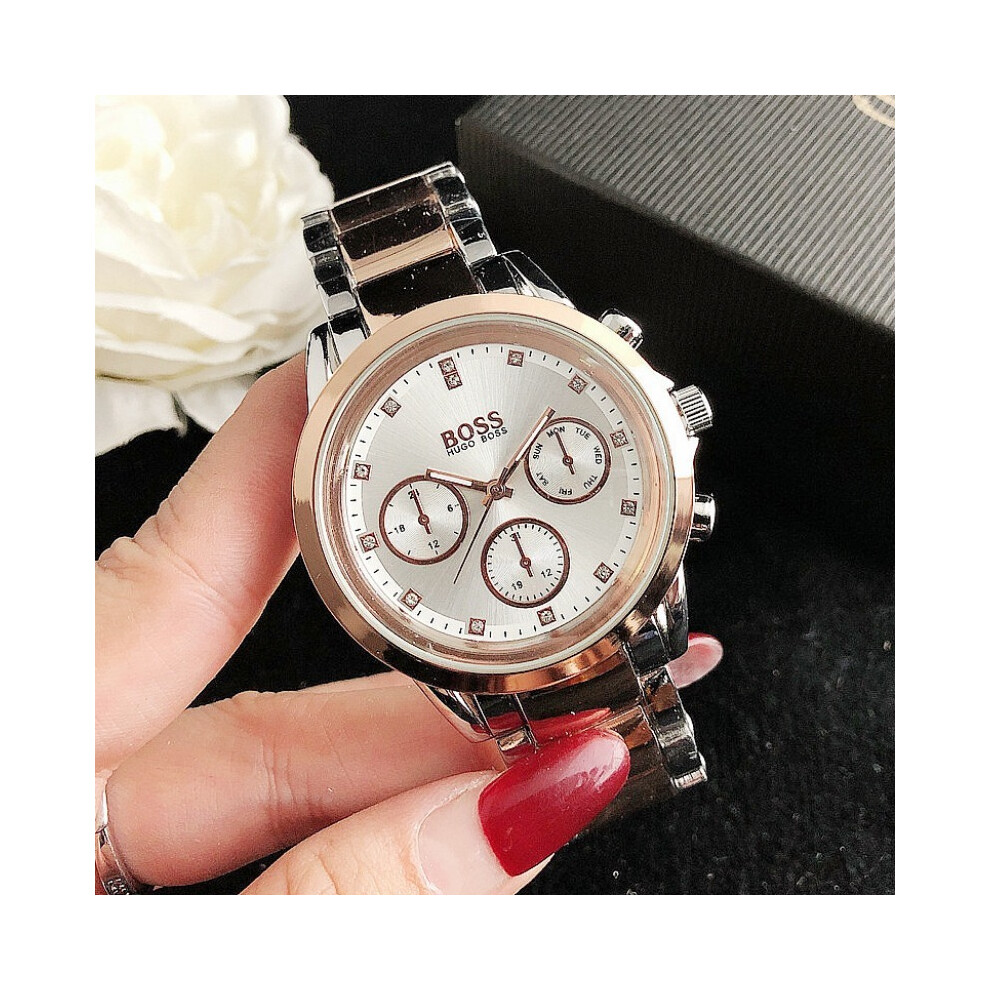 (rose argentée) Montre homme trois yeux six aiguilles montre-bracelet créative femme horloge quartz