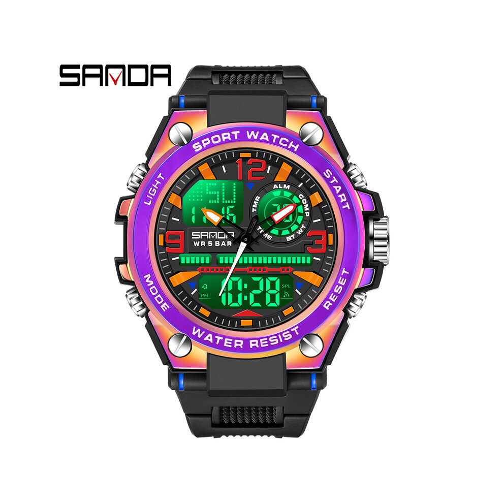 (6024 Violet) Sanda Montre Homme Couleur Magique Mode Montre-Bracelet Numérique Unisexe Haut Luxe Cool