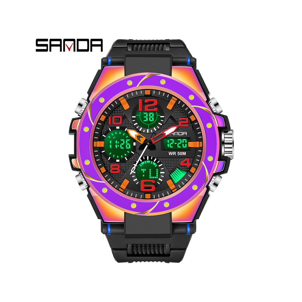 (6008 Violet) Sanda Montre Homme Couleur Magique Mode Montre-Bracelet Numérique Unisexe Haut Luxe Cool