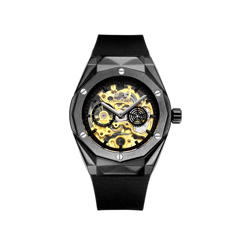 Montre mécanique automatique squelette pour homme (noir), boîtier en or rose, argent, noir, bracelet