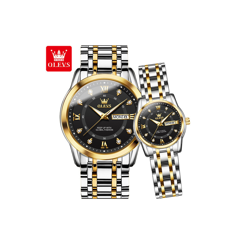 (Couple noir doré) Paire de montres de luxe OLEVS pour couple, pour hommes et femmes, en acier inoxydable,