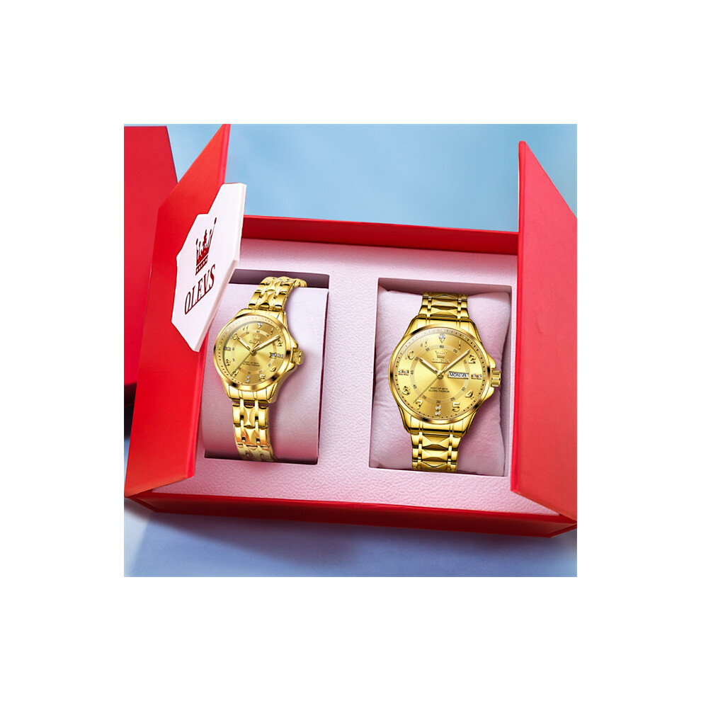 (Tout en or-CP) Montre de couple de marque de luxe OLEVS pour femmes hommes bracelet en acier en forme