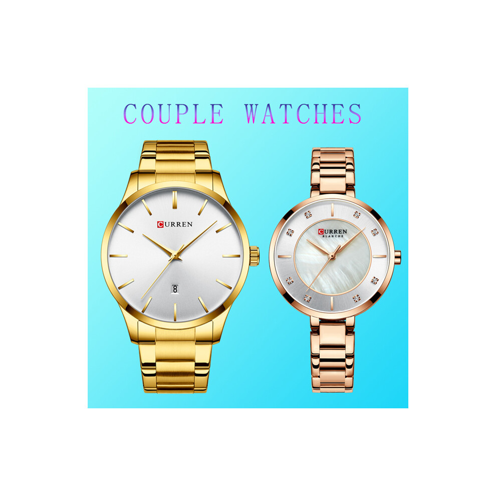 (9051-rose-blanc) Ensemble de montres pour couple 2020 Montres Curren pour homme et femme Montres dorées