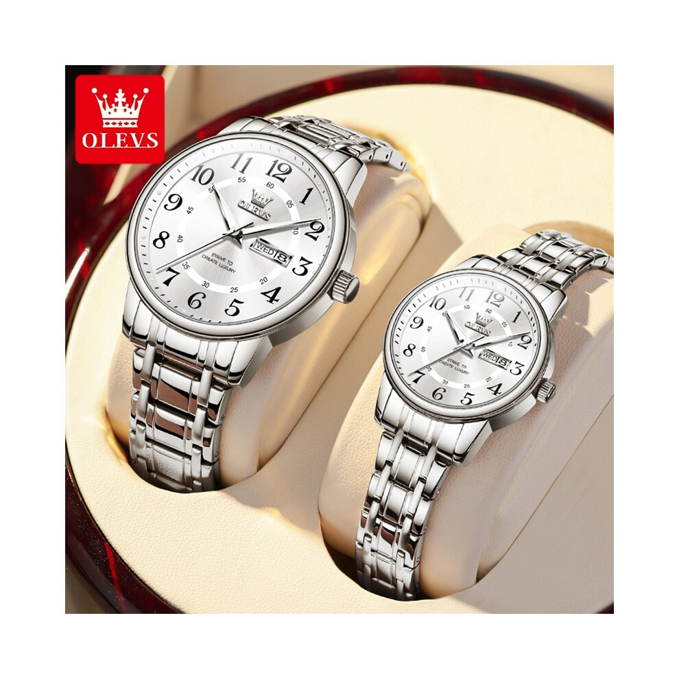 (BLANC) OLEVS 2891 Montre Couple pour Hommes Femmes Double Calendrier Couple Paire Montre Élégante Originale