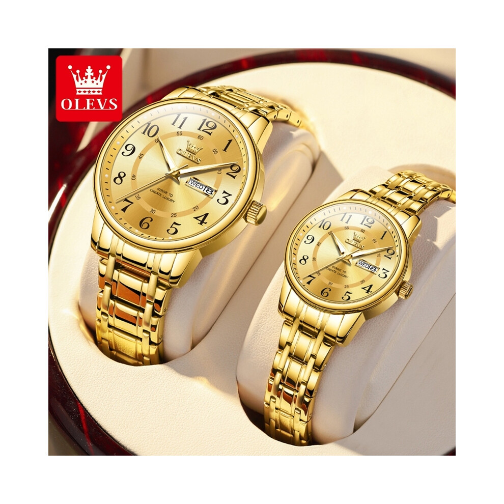 (Or) OLEVS 2891 Montre Couple pour Hommes Femmes Double Calendrier Couple Paire Montre Élégante Originale