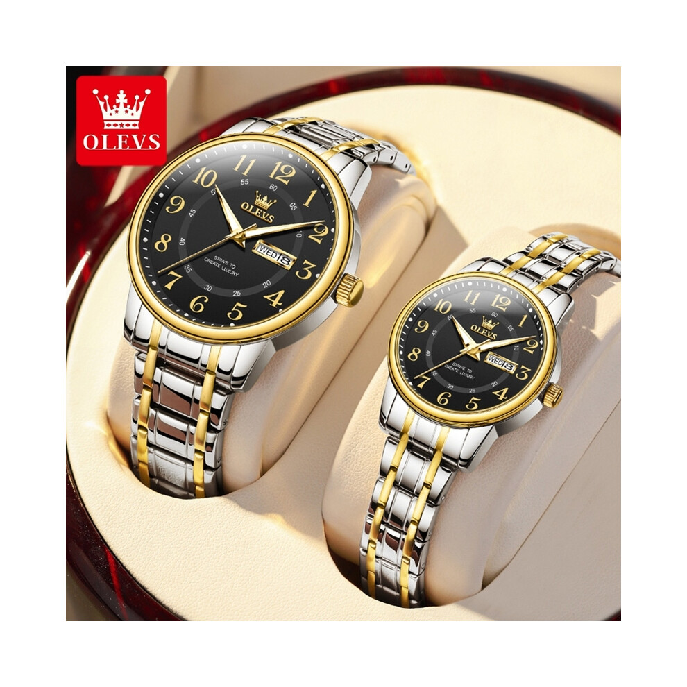 (noir) OLEVS 2891 Montre Couple pour Hommes Femmes Double Calendrier Couple Paire Montre Élégante Originale