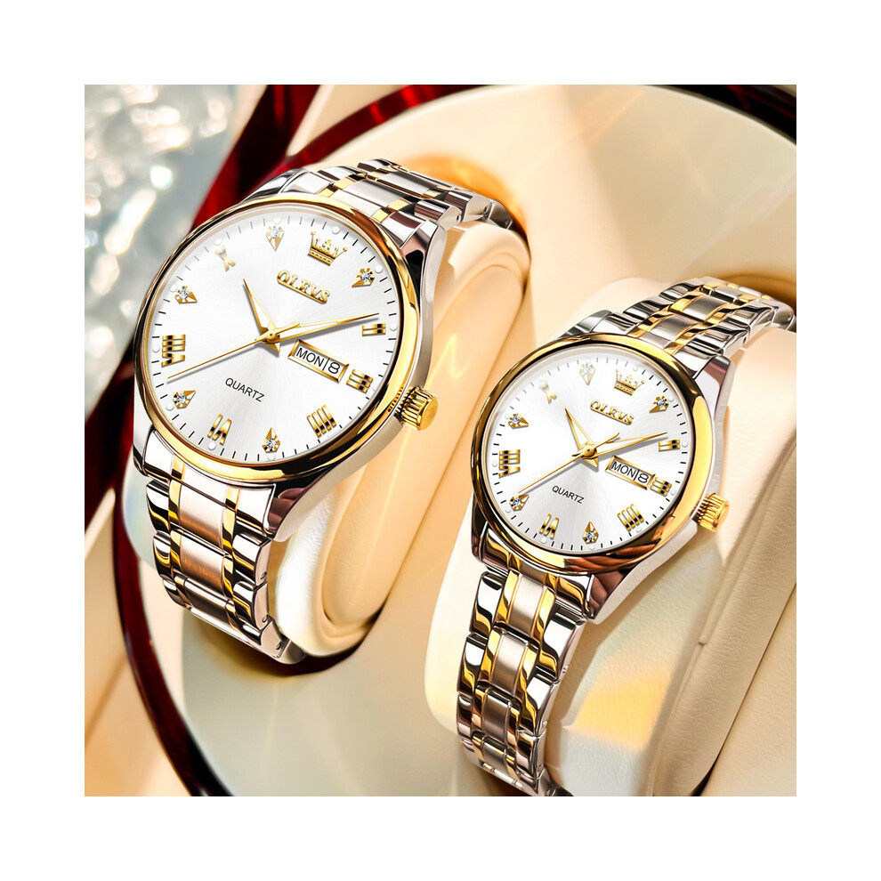 (argent or blanc) OLEVS Top Brand Set Montre Hommes Femmes Luxe Doré Quartz Couple Montre-Bracelet Étanche