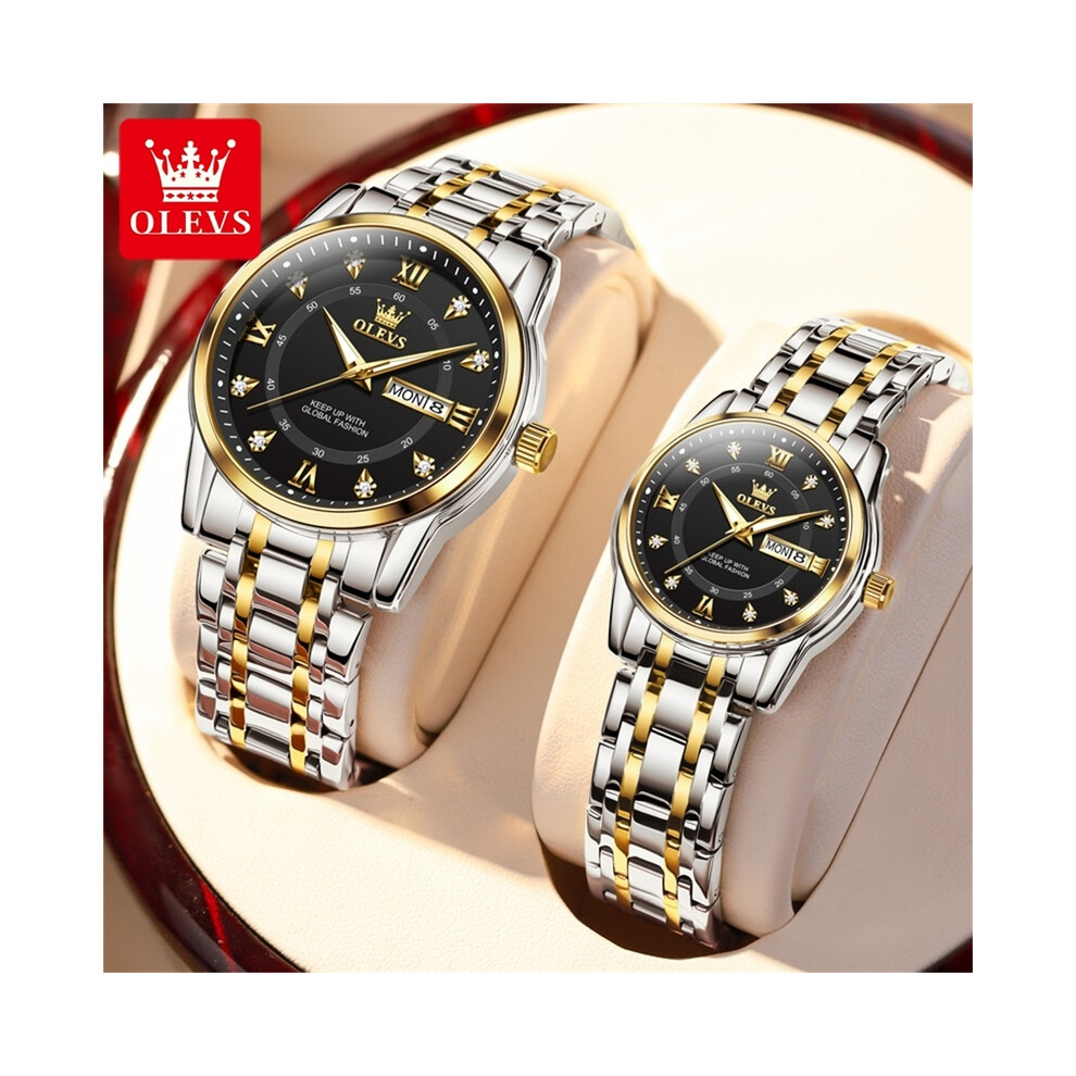 (Argent Or Noir) OLEVS Original Diamond Design Couple Montre Ensemble pour Lui Elle Quartz Montre-Bracelet