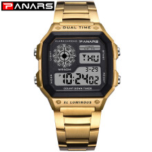 (Gouden stalen band)PANARS Horloge Heren Sport Digitale Horloges Chronograaf Waterdicht Horloge Roestvrijstalen