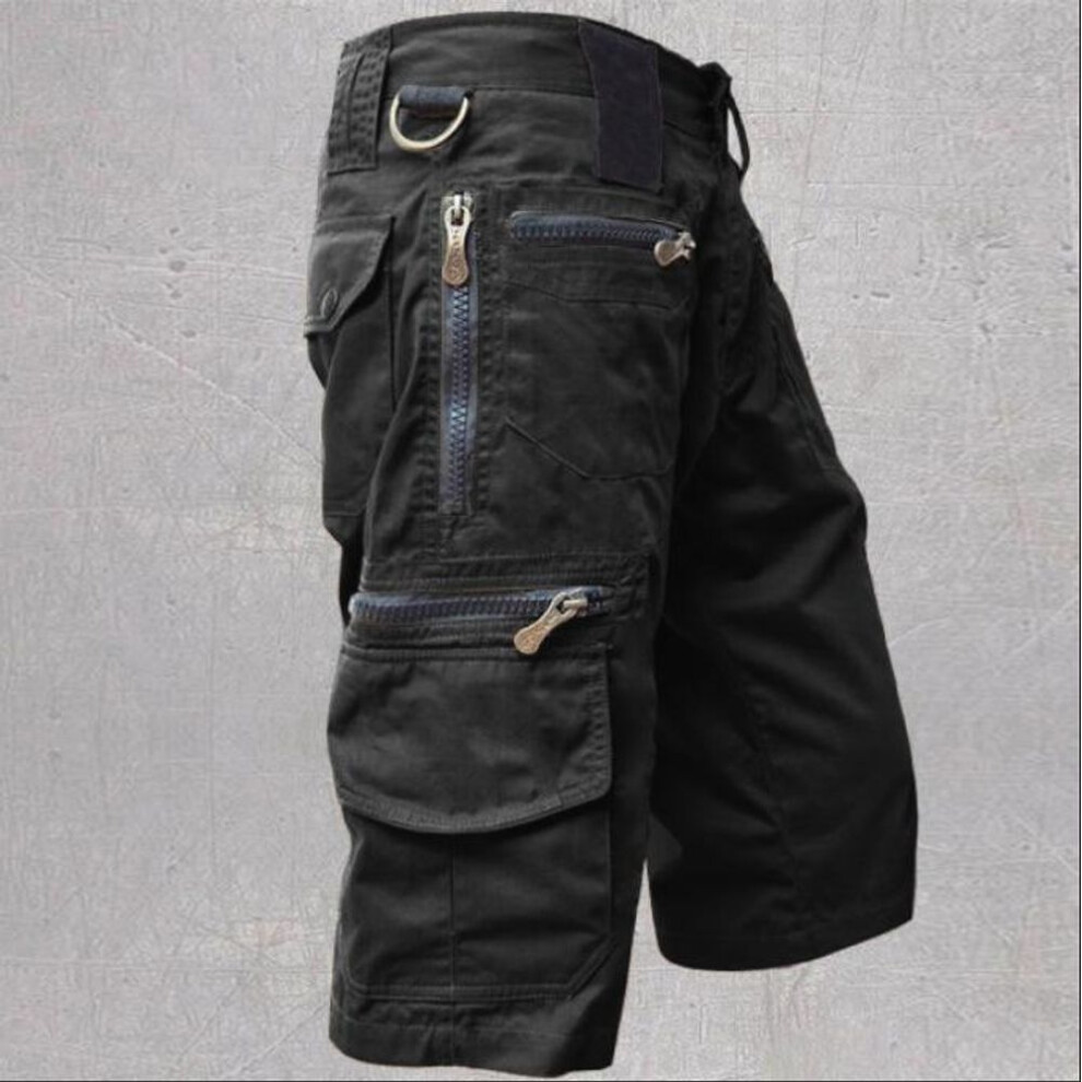 (black, XXXXL) Men&apos;s Shorts Pants Loose Fitting Straight Tube Summer Fashion Casual Multi Bag Pure Cotton Work Pants