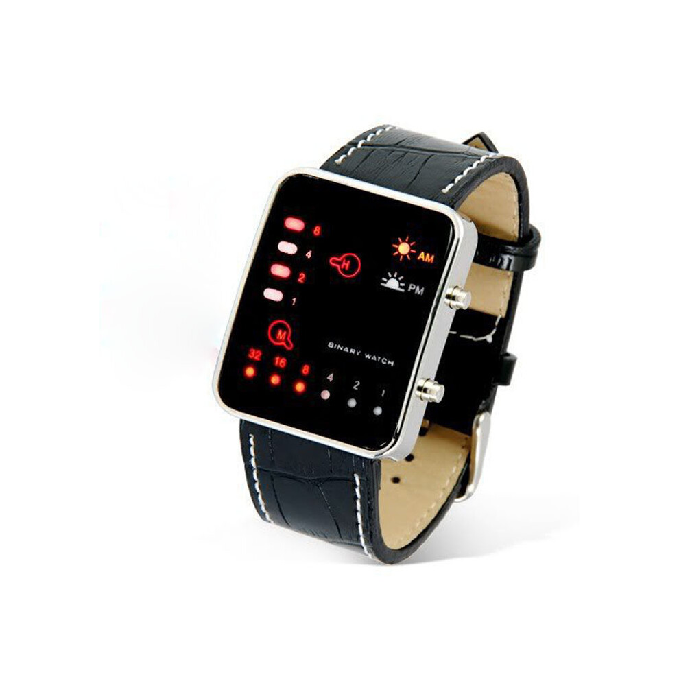 Montre-bracelet numérique LED sport rouge pour homme et femme, bracelet en cuir noir