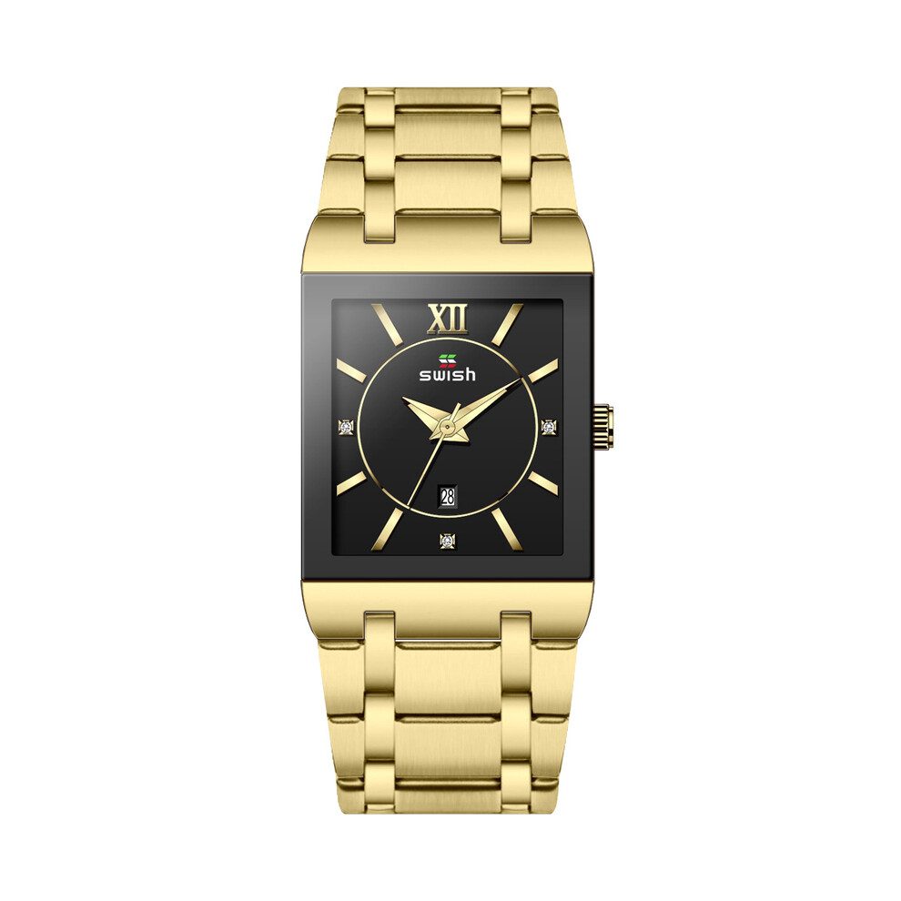 (SW0034-GOLD-BLACK) Montres de luxe dorées pour hommes, montres-bracelets à quartz de marque supérieure,