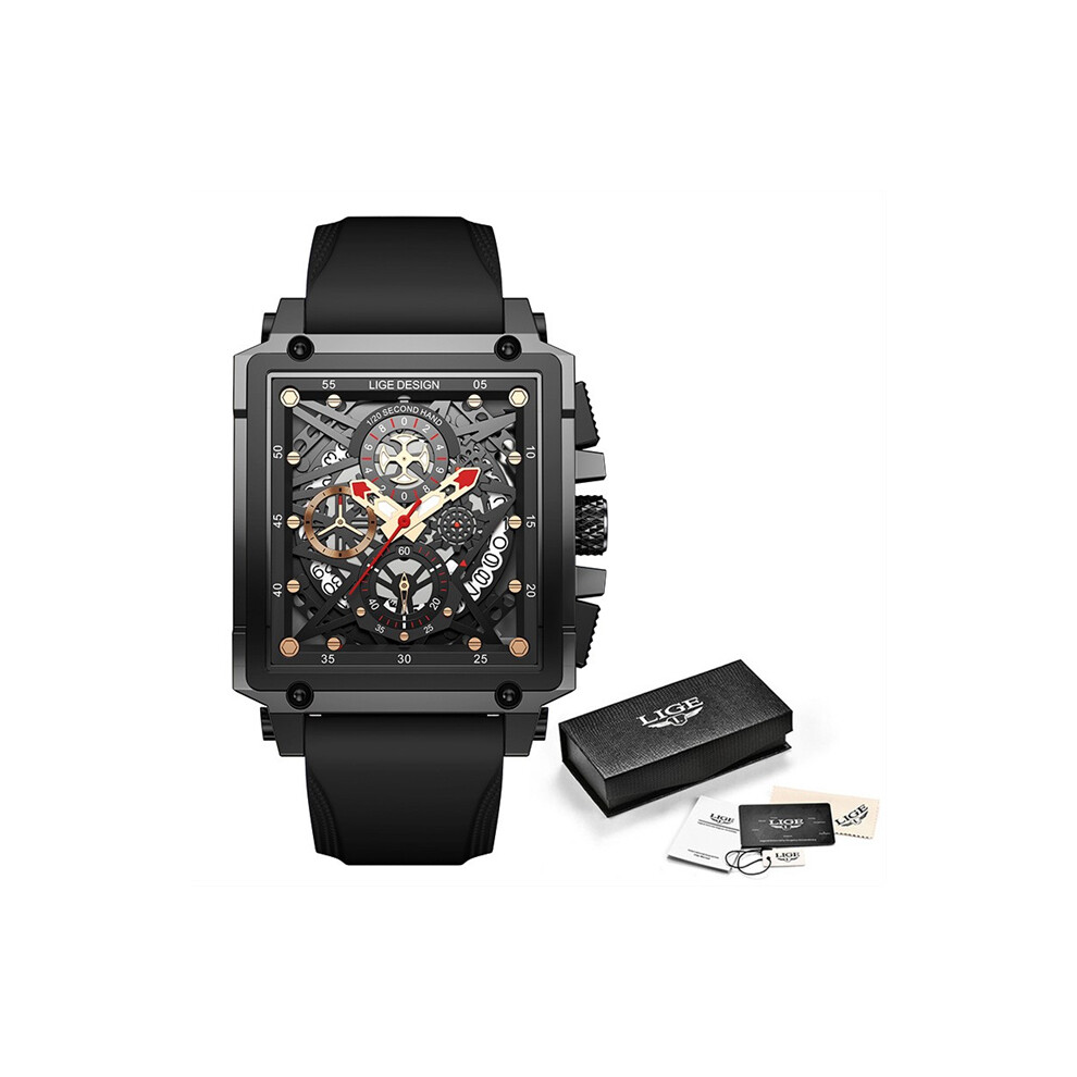 (Silicone Noir) LIGE Nouvelle Montre Homme Top Marque Luxe Étanche Quartz Carré Montres-Bracelets pour