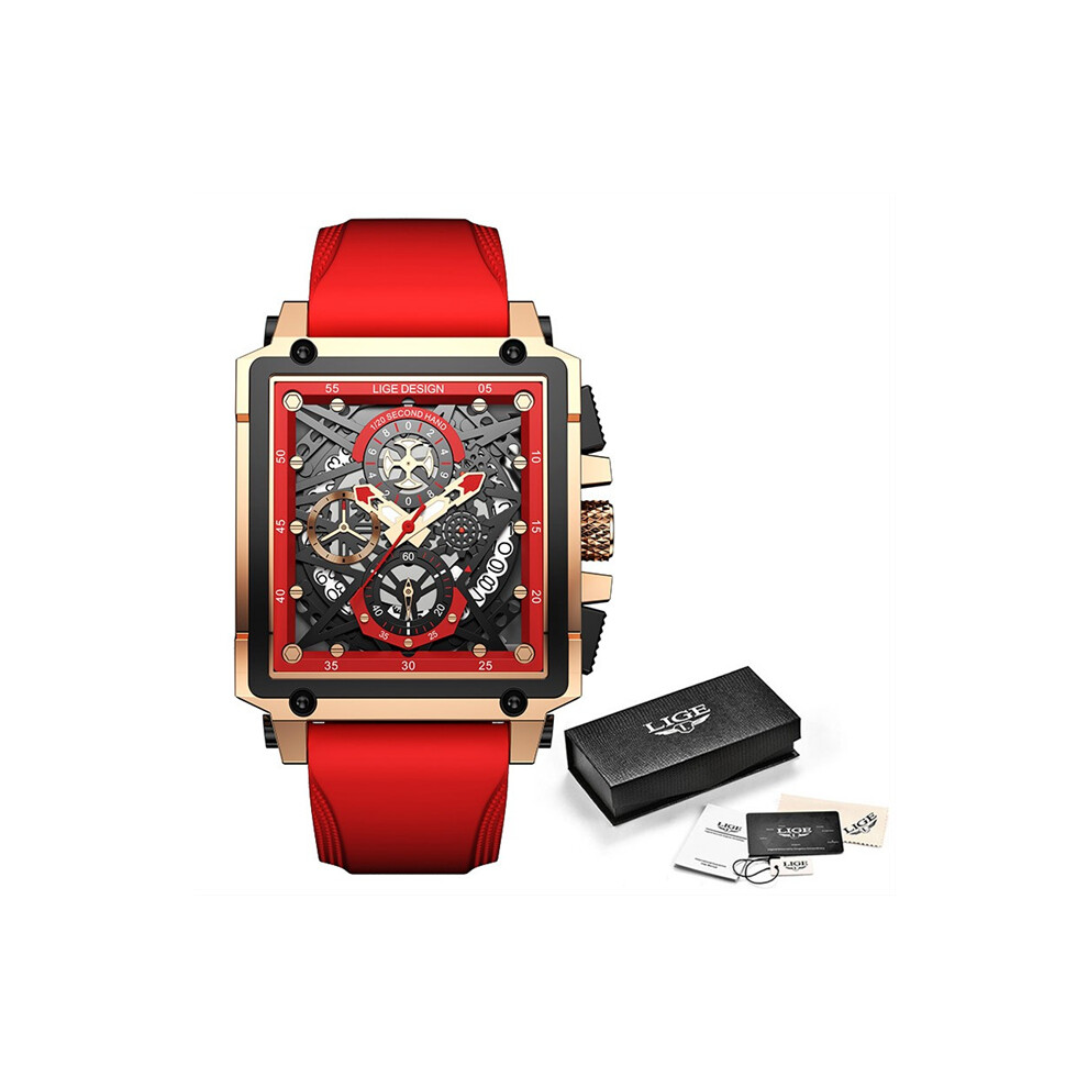 (Silicone Rouge) LIGE Nouvelle Montre Homme Top Marque Luxe Étanche Quartz Carré Montres-Bracelets pour