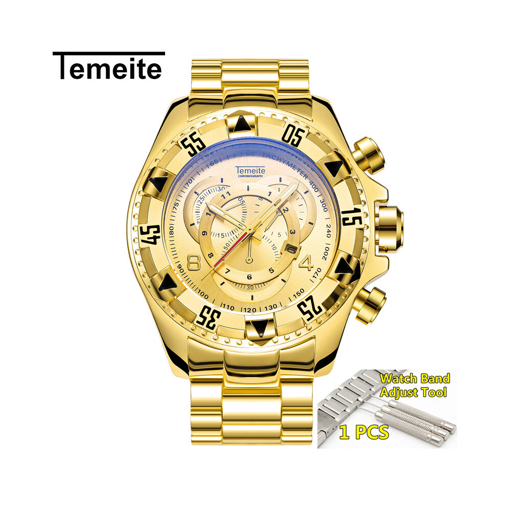 (plein or) Montre dorée Temeite pour hommes, marque de luxe, grand cadran, montres-bracelets en or pour