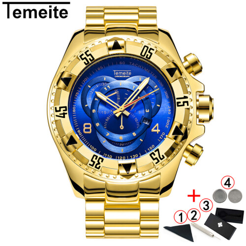 (Goldblaue Box)Temeite Goldene Uhr Männer Luxusmarke Großes Zifferblatt Gold Männer Armbanduhren Wasserdicht