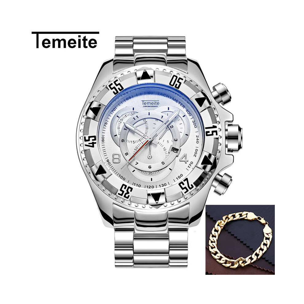 (bracelet entièrement en argent) Montre dorée Temeite pour hommes, marque de luxe, grand cadran, montres-bracelets
