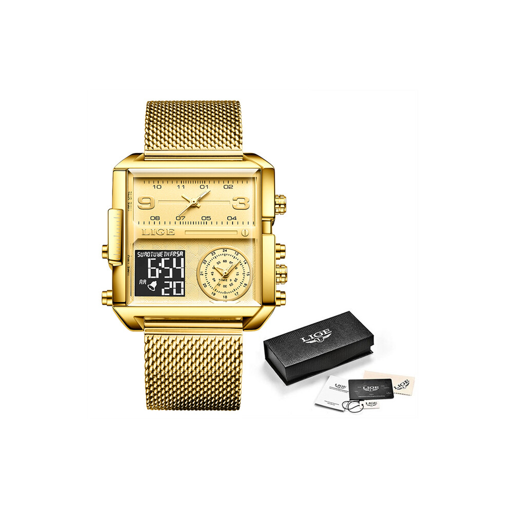 (Maillage entièrement doré) LIGE Montre tendance en acier noir pour homme, double affichage numérique,