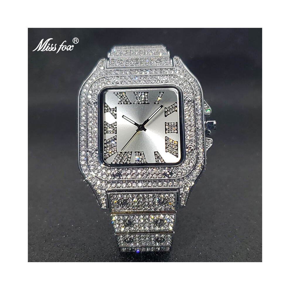 (V324-SW) Missfox Montre carrée Ice Out Diamond Hip Hop Sunburst Cadran Montres à quartz étanches Dropshipping